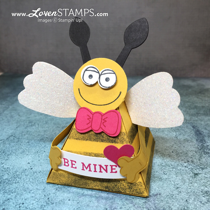LovenStamps: Valentine Bee Treat Box with the Playful Pals and Pyramid Pals Thinlits - triangle box, all supplies Stampin' Up!