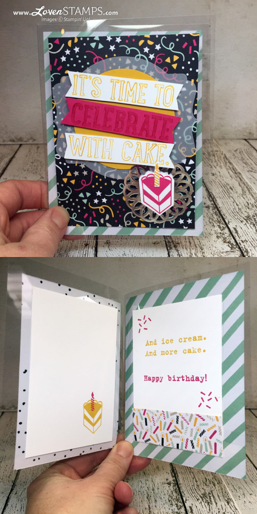 How To Make A Window Sheet Card - video tutorial by LovenStamps, Party with Cake kits available exclusively at LovenStamps, supplies by Stampin' Up!