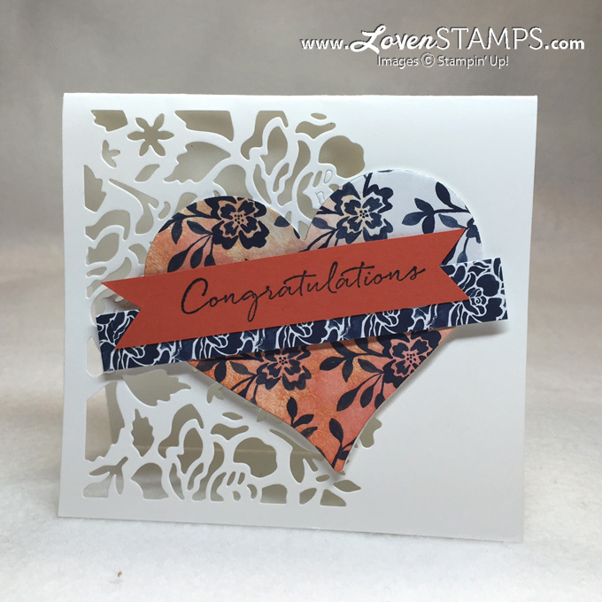 LovenStamps: Stamps in the Mail Club, July 2016 - Floral Phrases, featuring the Detailed Floral Thinlits, heart wedding card idea with all supplies from Stampin' Up