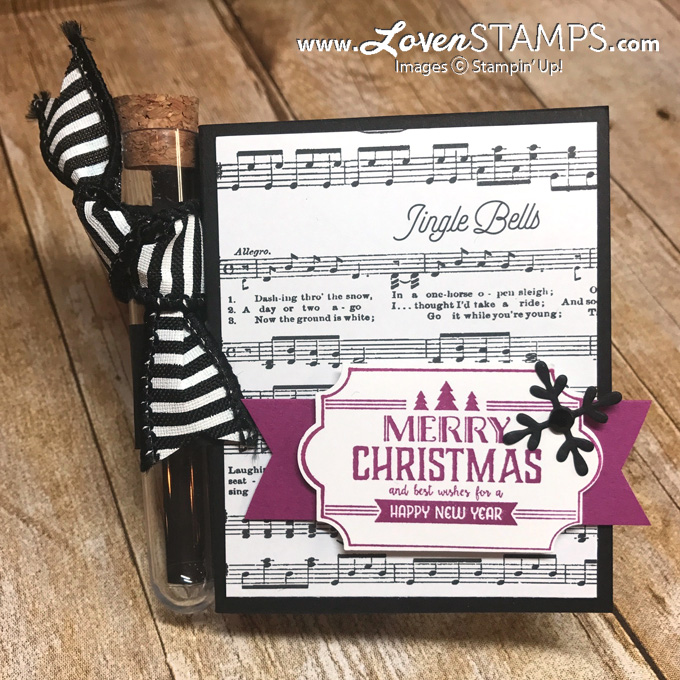 LovenStamps: Merry Music Treat Tubes for Christmas - black and white and Berry Burst all over, with Labels to Love stamp set