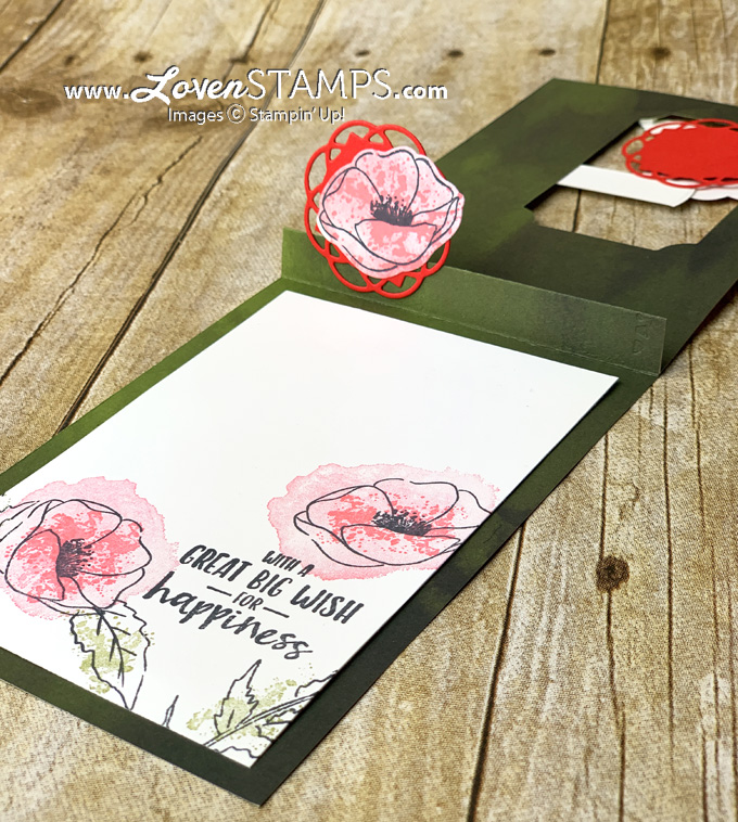 painted poppies stamp set and peaceful poppies designer series paper dsp card base pop up peek-a-boo idea by lovenstamps from the stampin up 2020 mini catalog