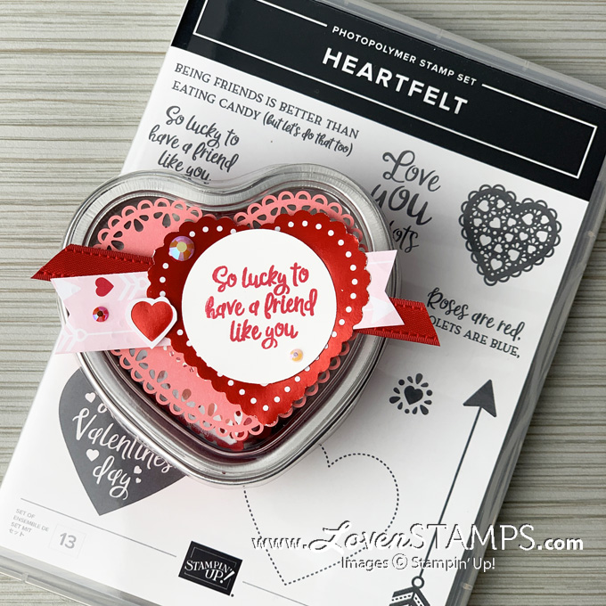 Lovenstamps stampin up foil heart tin baking treat valentine card idea heartfelt stamp set