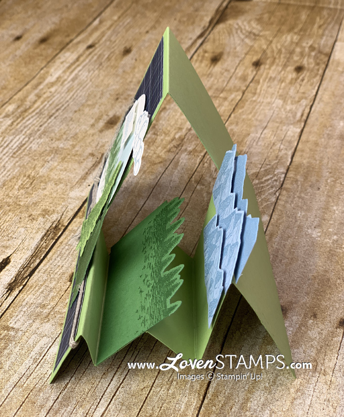 majestic mountain air stamp set stair step card video tutorial with cutting directions made simple by lovenstamps using stampin up supplies