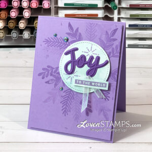 hand stamped purple christmas card joy word art blue rhinestone gems