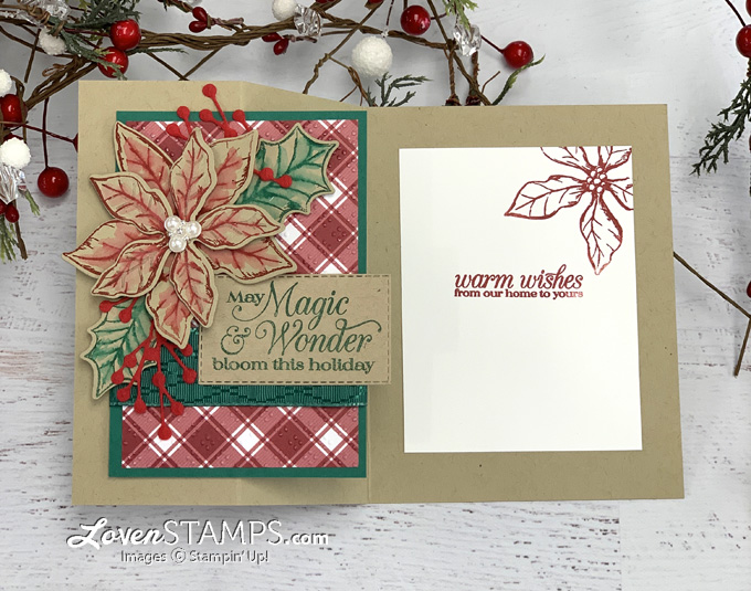 plaid tidings dsp with poinsettia petals stamp set christmas card z-fold stampin up tutorial by lovenstamps