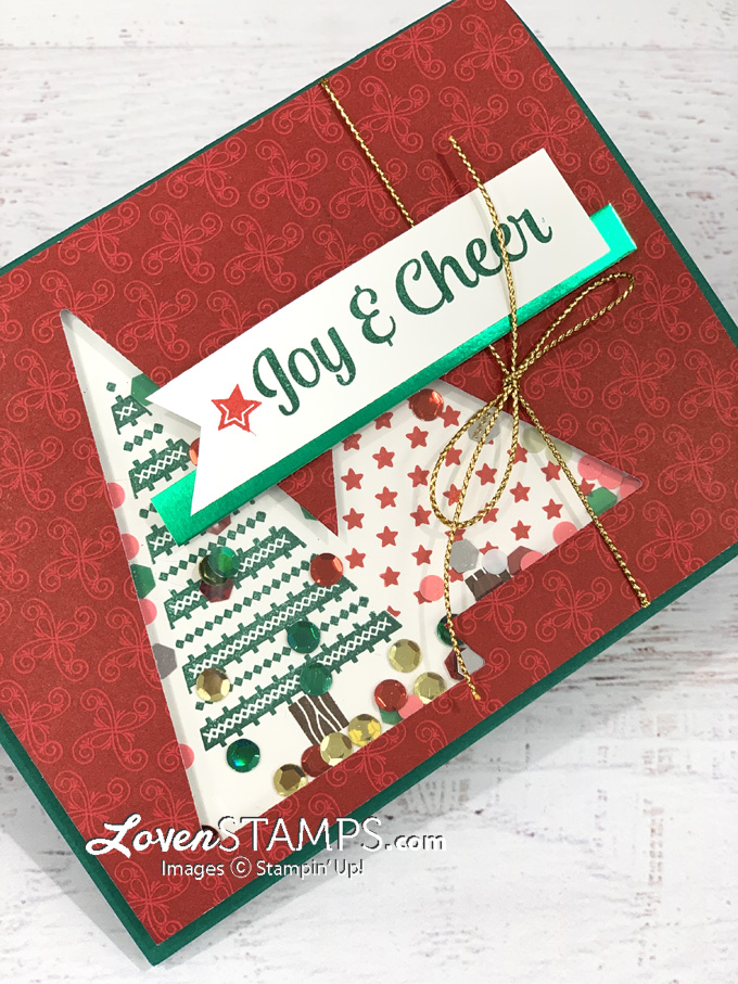 red green christmas tree shaker card with sequins handmade