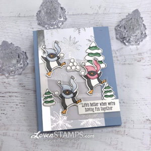penguin snowball fight greeting card winter snowflakes