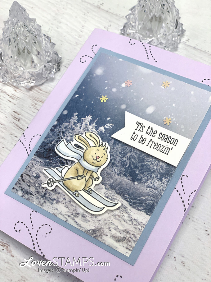 rabbit skiing winter greeting card snowy scene trees