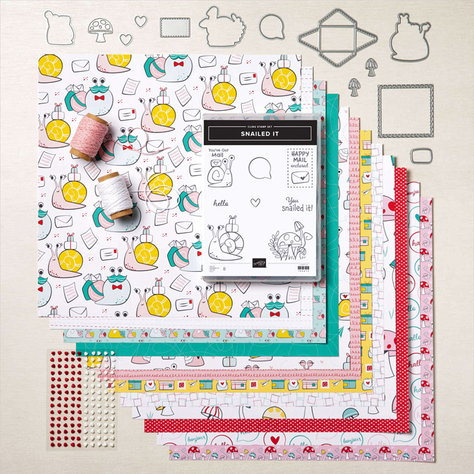 Snail Mail Suite Collection from Stampin Up with DSP, resin heart embellishments and stamps and dies