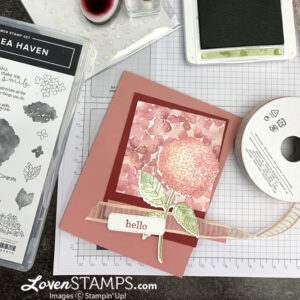 hydrangea greeting card pink peach flower ink ribbon blending brushes