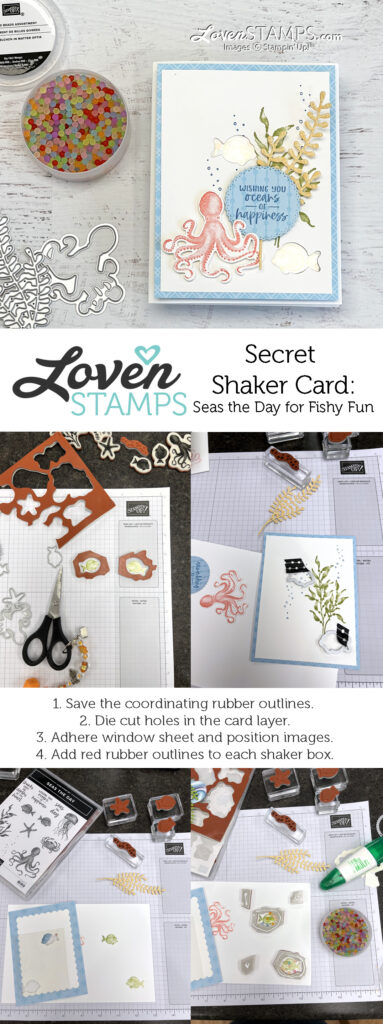how-to-steps-seas-the-day-shaker-card-using-rubber-scraps-lovenstamps-stampin-up-video-tutorial-tasteful-labels-dies-pin