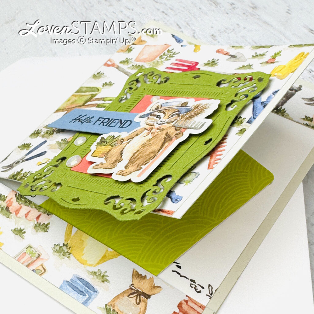 sweet storybook moments character beatrix potter greeting card gardening chipmunk with ornate green frame handmade pop up card