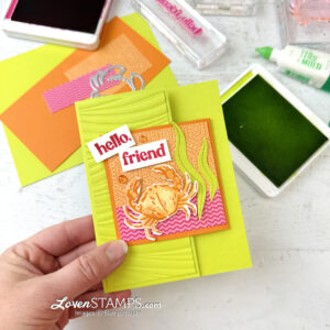 ink pads cutting dies rubber stamps photopolymer hello friends ocean card in lime green with orange crab and pink hello greeting handmade