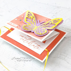 pop up butterfly card handmade with yellow die cut overlay and lavender embossed die cut butterfly stamped for you time to celebrate pop up folding gift card holder greeting card beautiful bokeh stampin up