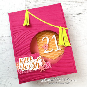 handmade birthday card pink with orange banner light green tassels and make a wish greeting stamped and pop up numbers 21 years all supplies stampin up video tutorial by lovenstamps