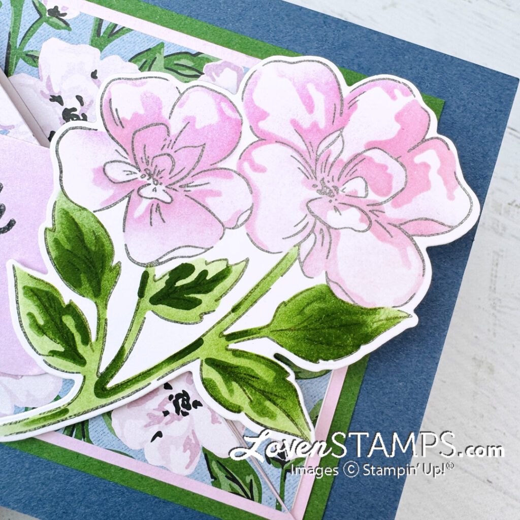 floral greeting card with love message fun fold diagonal front panel unique layout idea pink flowers with blending brush mask technique