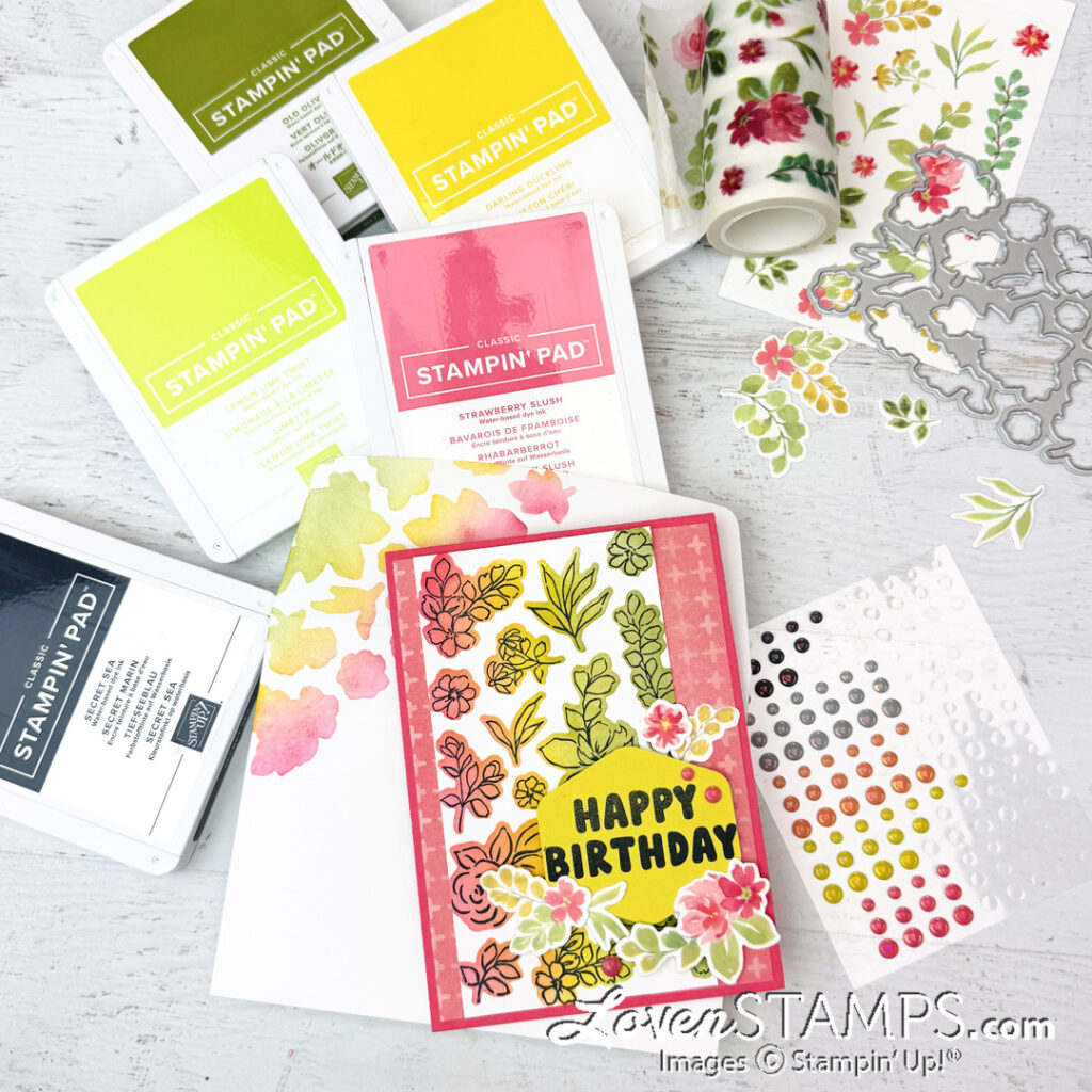 extraordinary flora washi tape dies and stamps coordinated for rainbow ombre background technique video tutorial