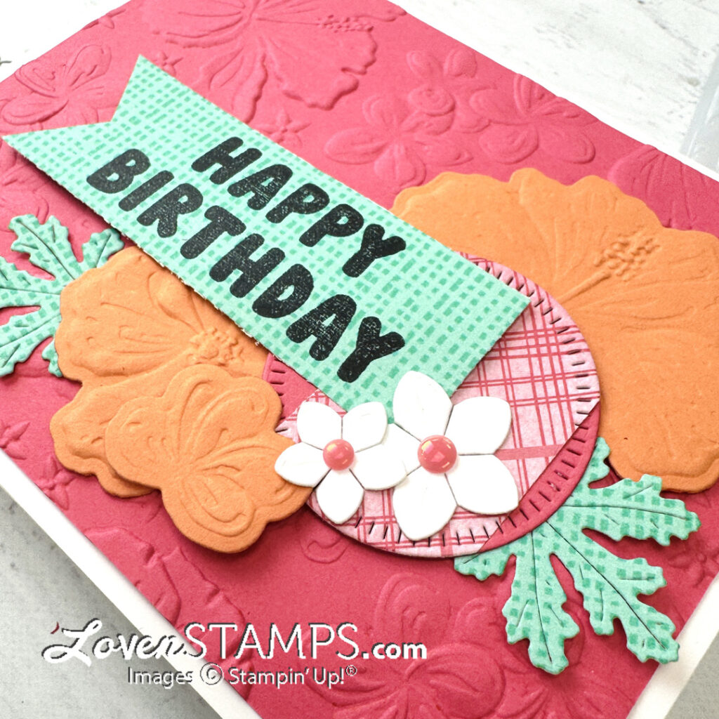 pink and orange hibiscus flowers hand stamped greeting card with green happy birthday tag stampin up supplies