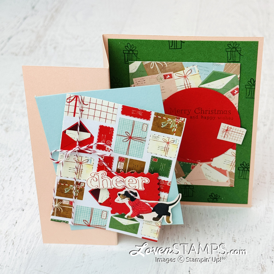 red green pink Christmas Card with dachshund in sweater fun fold 3x4 and Z Fold Cards with Stampin’ Up!®'s North Pole Delivery Suite