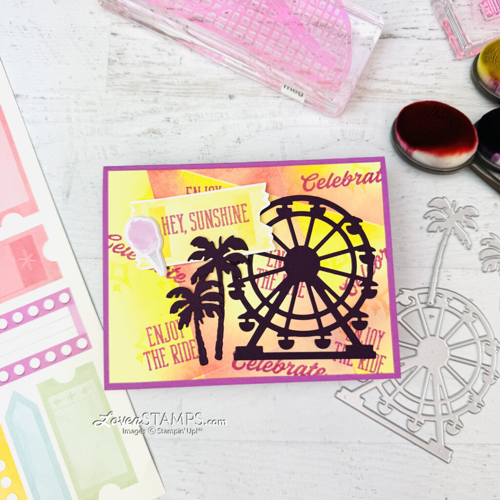 ferris wheel greeting card hand stamped retiform technique background Stampin up beach boardwalk ticket video tutorial