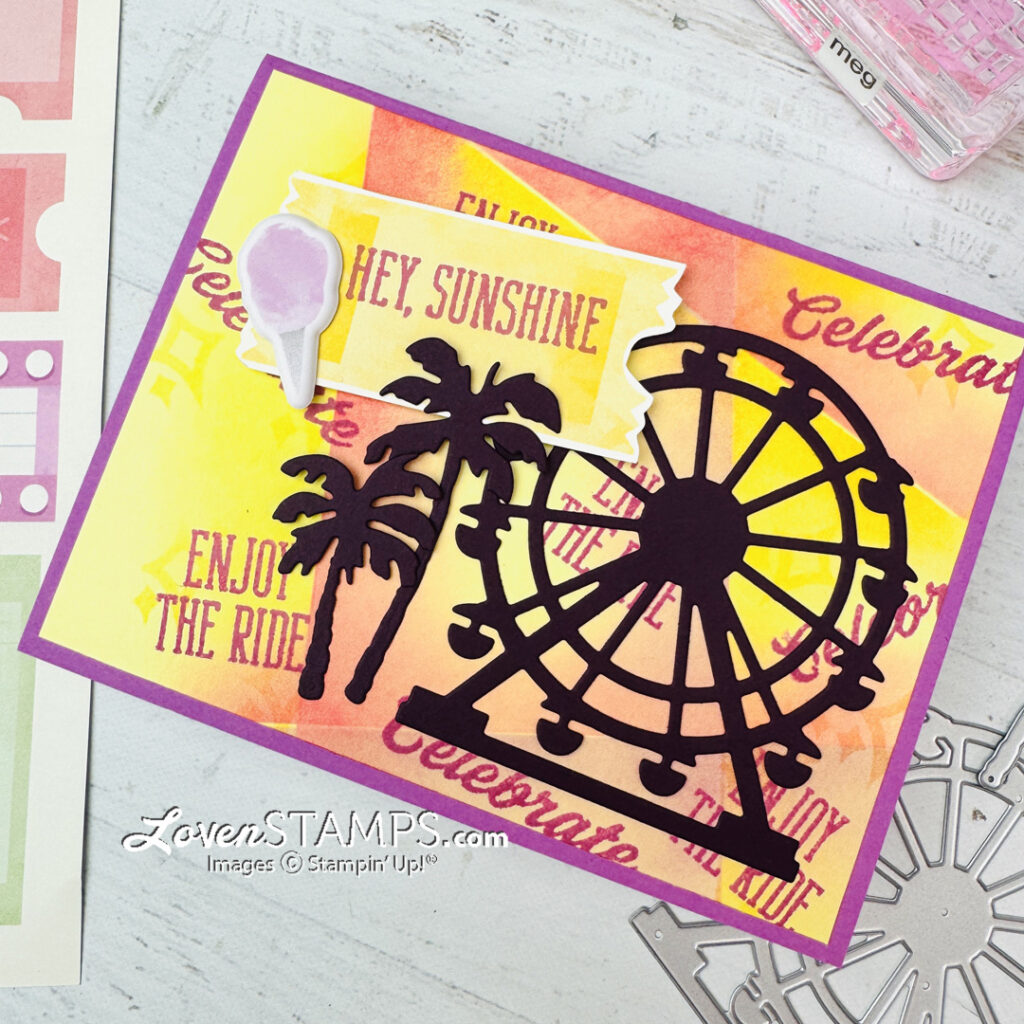 ferris wheel greeting card hand stamped retiform technique background Stampin up beach boardwalk ticket video tutorial