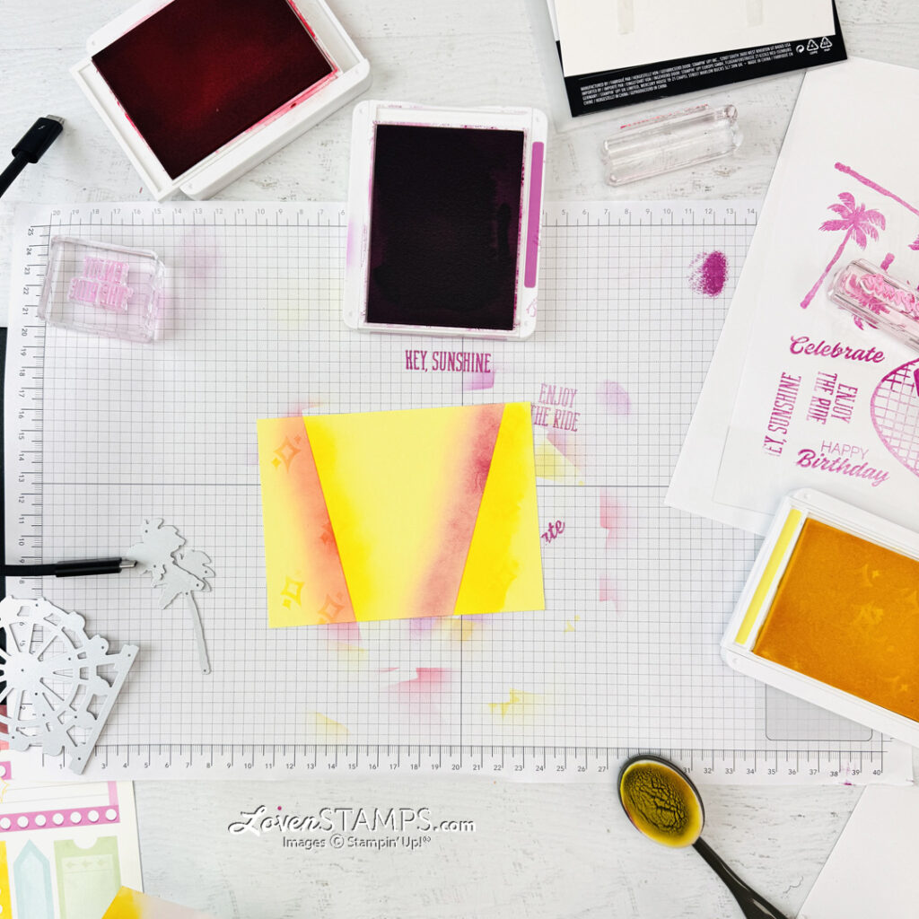 ferris wheel greeting card hand stamped retiform technique background Stampin up beach boardwalk ticket video tutorial