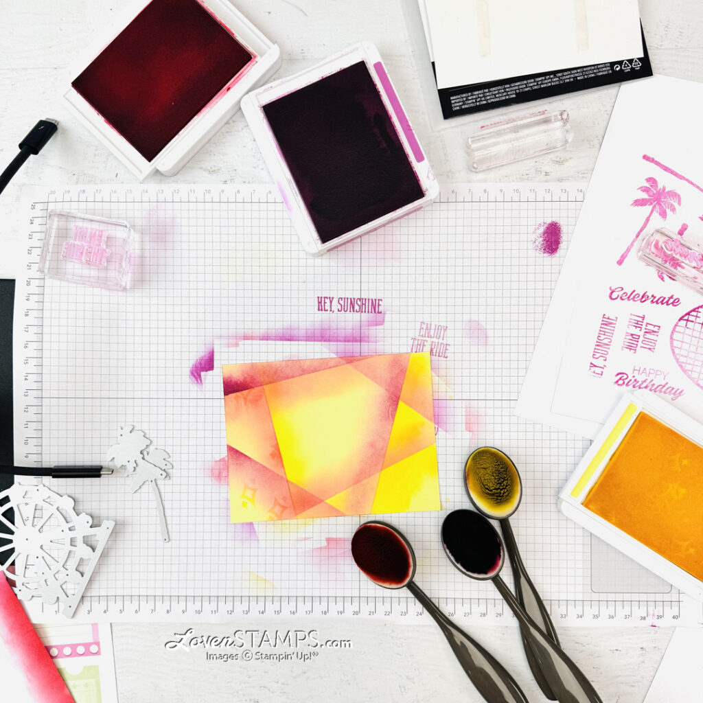 ferris wheel greeting card hand stamped retiform technique background Stampin up beach boardwalk ticket video tutorial