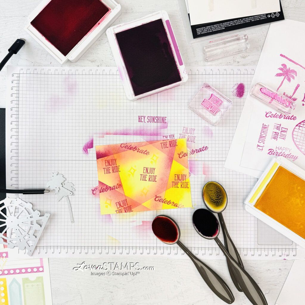 ferris wheel greeting card hand stamped retiform technique background Stampin up beach boardwalk ticket video tutorial