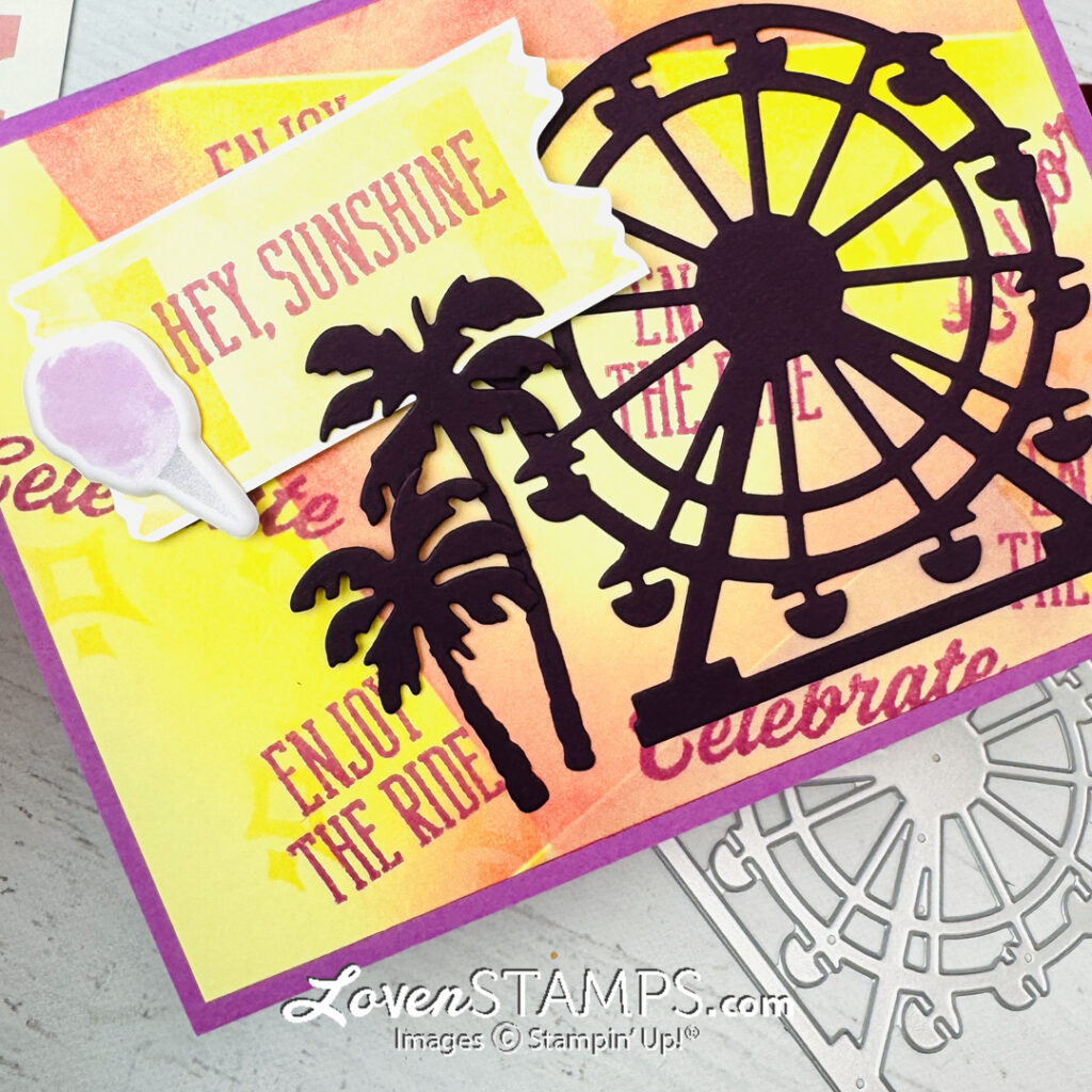 ferris wheel greeting card hand stamped retiform technique background Stampin up beach boardwalk ticket video tutorial
