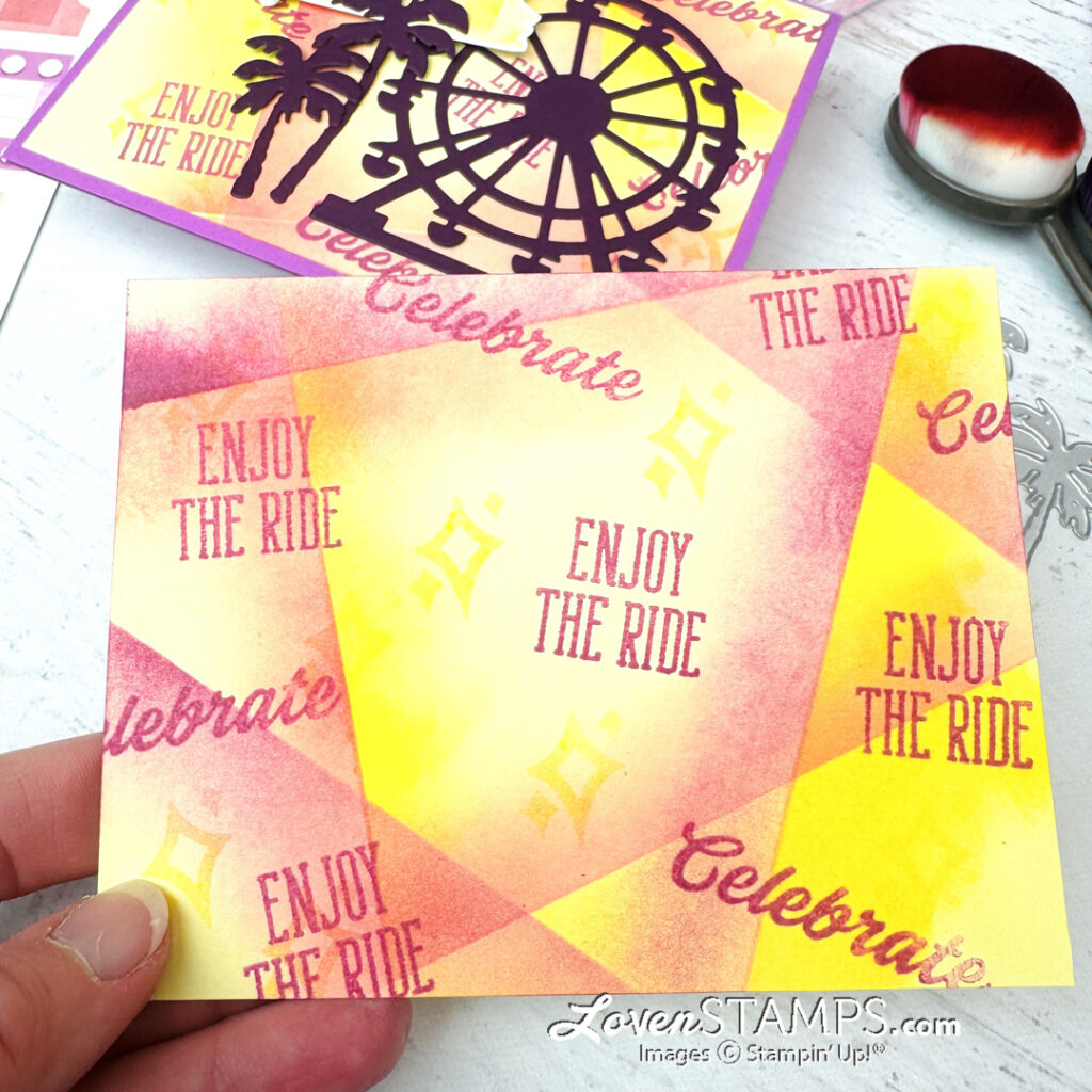 ferris wheel greeting card hand stamped retiform technique background Stampin up beach boardwalk ticket video tutorial