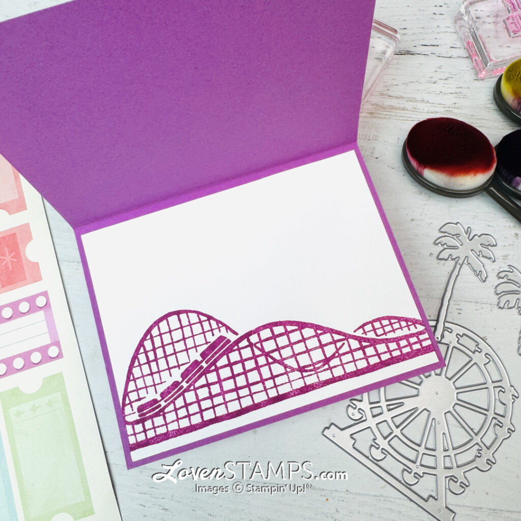 ferris wheel greeting card hand stamped retiform technique background Stampin up beach boardwalk ticket video tutorial