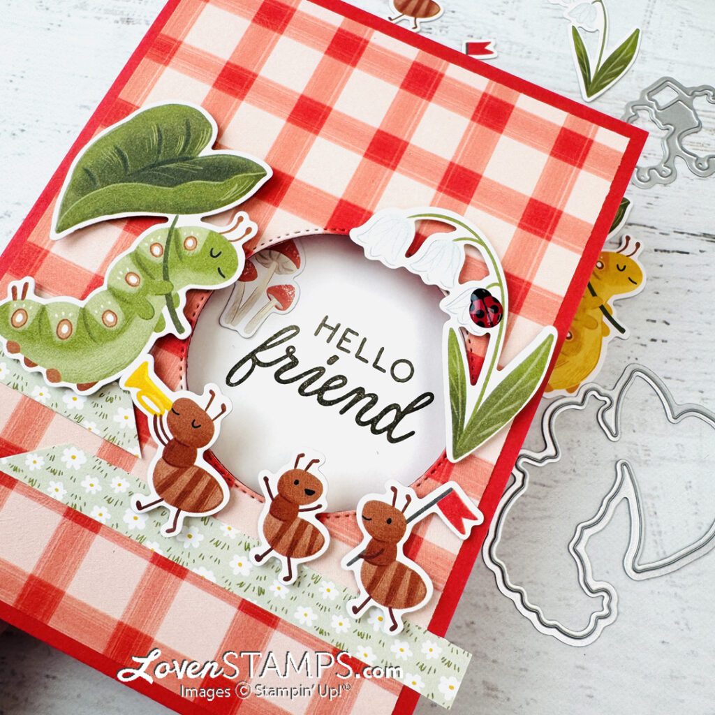 Ep 630: EASY Peek-A-Boo Window Cards for Summer with Stampin’ Up!® Cute As A Bug Suite red plaid ant parade greeting card