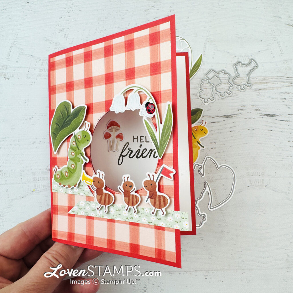 Ep 630: EASY Peek-A-Boo Window Cards for Summer with Stampin’ Up!® Cute As A Bug Suite red plaid ant parade greeting card